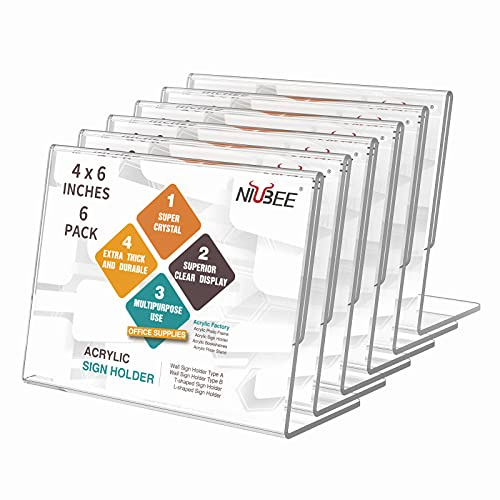 NIUBEE Slanted Back Acrylic Sign Holder 6 x 4 Inches, Clear Plastic Sign Holder Paper Display Table Stand for Office, Store, Restaurant -Horizontal (6 Pack)
