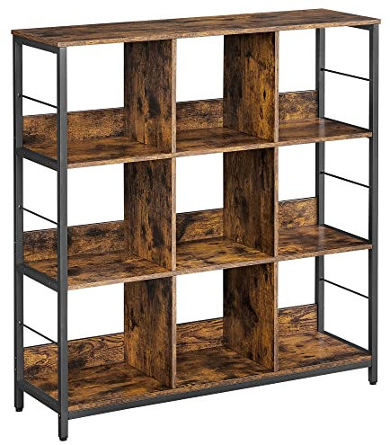 VASAGLE Regal mit 3 Ebenen, Bücherregal, Standregal mit 9 Fächern, für Wohnzimmer, Schlafzimmer, Arbeitszimmer, Küche, 30 x 100 x 103,1 cm, vintagebraun-tintenschwarz LLS112B01