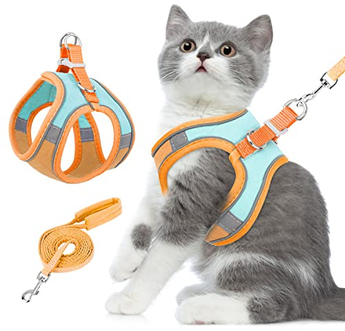 Eyein Cat Harness and Lead Set for Walking, Adjustable Soft Sturdy Faux Suede Escape Proof Kitten Vest Harness and leash with Reflective Strip for Large Medium Small Cats(Green & Orang, M)