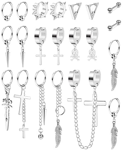 MILACOLATO 21Pcs 316L Stainless Steel Hoop Earrings for Mens Womens Dangle Chain Earrings Punk Gothic Kpop Earrings Leaf Cross Silver Earrings Set
