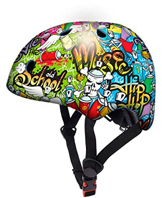 DEQUBE- Casco Infantil Ajustable- Casco para niños y niñas de 2 a 7 años- Ultraligero y Seguro - Resistente y Transpirable- Diámetro 50-54cm. Diseño Grafiti (914D00023)
