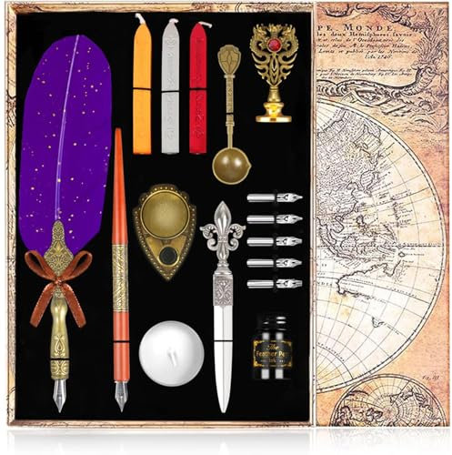 TIANREN Kalligraphie Feder Schreibfeder und Tinte Set, Feder Stift Tinte Set, Quill Pen und Holz Dip Stift,5 Ersatzfedern Tips, Siegel Stempel, 2 in 1 Stifthalter,Wax, Löffel (Lila)