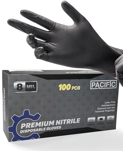 Pacific, guanti in nitrile nero resistente, 8 mm, per uso alimentare, senza lattice, meccanici, con impugnatura testurizzata a diamante, guanti industriali usa e getta, taglia M