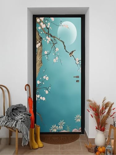 FLFK 3D Door Mural Peel and Stick 85x215cm -Hand-Painted Plum Bird Self-Adhesive Door Sticker Wallpaper Poster for Office Home Decor(2Pcs/Set)