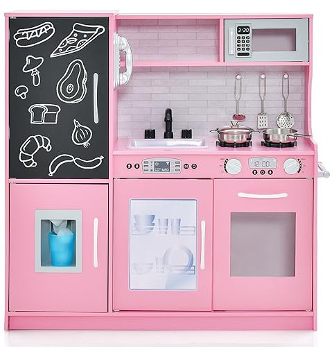 DREAMADE Kinderküche Holz mit Zubehör, Kinderspielküche Holzküche mit Herd Geschirrspüler Eismaschine Kühlschrank mit Tafel, Spielküche für Jungen und Mädchen ab 3 Jahren (Rosa)