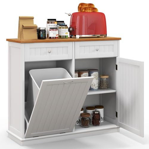 GIANTEX Armadio per Rifiuti da Cucina con Apertura a Ribalta, Mobile per Biancheria Autonomo con Piano in Legno di Gomma, Supporto per Cestino Nascosto, Ripiano Regolabile (Bianco)