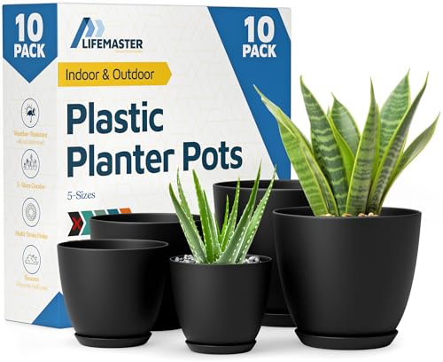 Lifemaster Plant Pots with Multi Drainage Holes - 10 Pieces Versatile, Sturdy Plastic, Stackable Design Home Decor Flower Pots for Indoor and Outdoor Gardening - Black