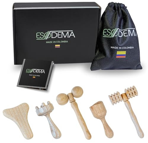Maderotherapie Set Gesicht - ESODEMA - Massage Set Gesicht mit Maderotherapie Holz Massageroller Gesicht Massage Roller - Lymphdrainage Gesicht Roller mit Gua sha Wood Therapy Tool - 5 Stück