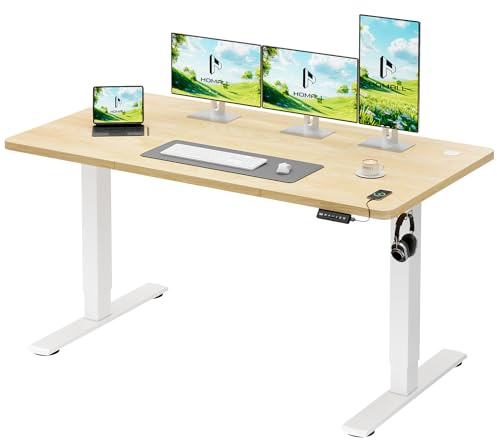 Homall Stående skrivbord 140 x 60 cm, elektriska skrivbord höjdjusterbart bord med USB-laddare, påminnelse om stillasittande livsstil, 3 minnespositioner, kabelbox och hjul, beige