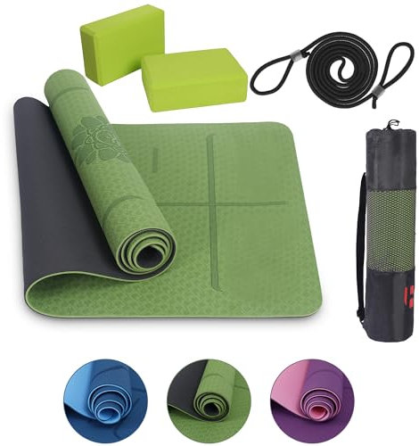Habib Gruppe Yoga-Set mit 2 Blöcken – Gepolsterte rutschfeste Trainingsmatte für Fitness, Tragetasche mit Tragegurt – Ideal für Yoga, Pilates, Meditation und Entspannung - Grün