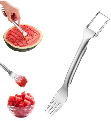 YALiya Tenedor Cortador de Sandía, Tenedor Sandia de Acero Inoxidable,Cortador 2 en 1 de Sandía, Material Grueso, Bordes Lisos, Corte Uniforme, Utensilios de Cocina Multiusos Tenedor de Fruta