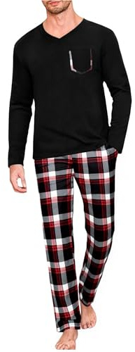 Uniexcosm Mens Pyjamas Set, Pjs for Men Sets Long Sleeve Top | Checked Pants with Pockets Mens Winter Sleepwear Loungewear Nightwear Set for Home Casua