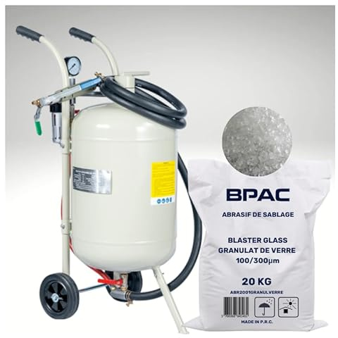 BPAC Sabbiatrice mobile 40 L + Abrasivo Granulato di Vetro 20 KG – Kit sabbiatura per cabina sabbiatura con sacchetto di Abrasivo