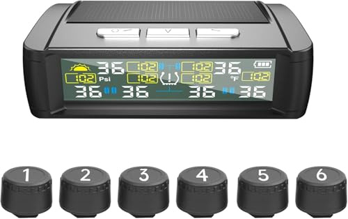 Shkalacar Système de Surveillance de la Pression des pneus à énergie Solaire,Moniteur de Pression pneus sans Fil avec 6 capteurs externes,Affichage en Temps réel de la température et de la Pression