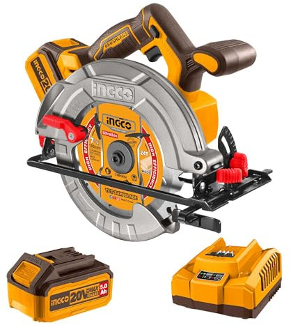 INGCO Scie Circulaire Sans Fil 20V Moteur Sans Balais, Diamètre 185 mm, 4800 tr/min, Profondeur de Coupe Maximale 65 mm avec 1 Batterie 5,0 Ah et 1 Chargeur CSLI18513