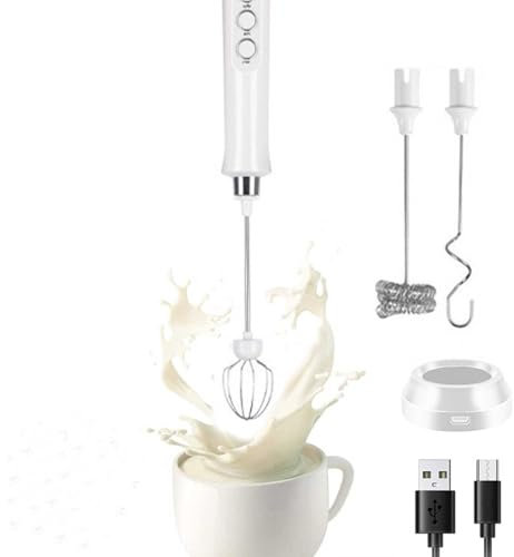 Fesatccoz Mousseur à Lait Électrique Portable 3 En 1, 3 Vitesses Réglables Mini Fouet Electrique, Fouet Électrique avec 3 Fouets, Fouet à Café pour Café Rechargeable Par USB