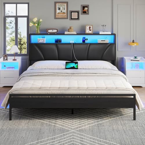 Brinlawb Letto Imbottito 160x200 cm, Struttura letto con Luce LED e Stazione di Ricarica (2 Prese CA 2 Porte USB) Letto Matrimoniale con testiera e pediera, Facile da montare, Moderno, Nero