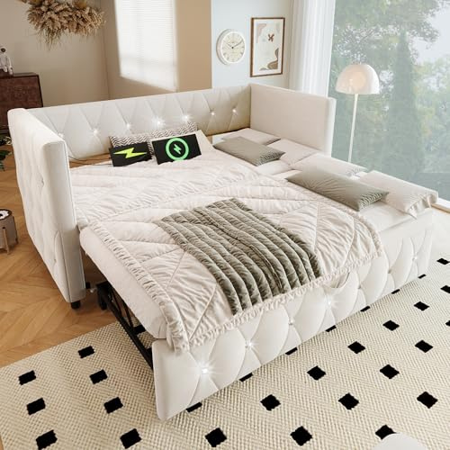 Daybed with Pull out Trundle Bed and USB & Type C Charging Sations, 3FT Single Functional Upholstered Bed 90x190 cm, Guest Sofa Beds Youth Beds For Adults Kids Teenagers, Velvet, Beige, No Mattress