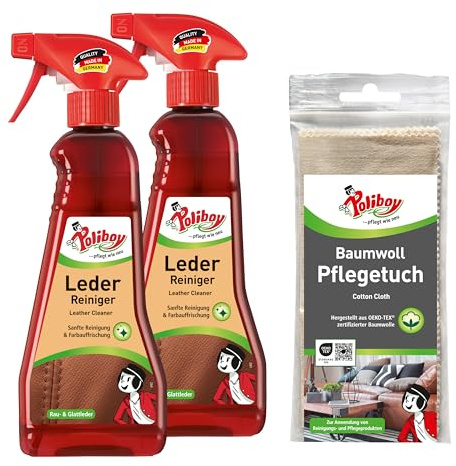 POLIBOY Leder Reiniger - Lederpflegemittel zur Reinigung von Glattleder & Rauleder - Ohne Nachspülen - 2x 375ml - Mit Baumwolltuch - Made in Germany