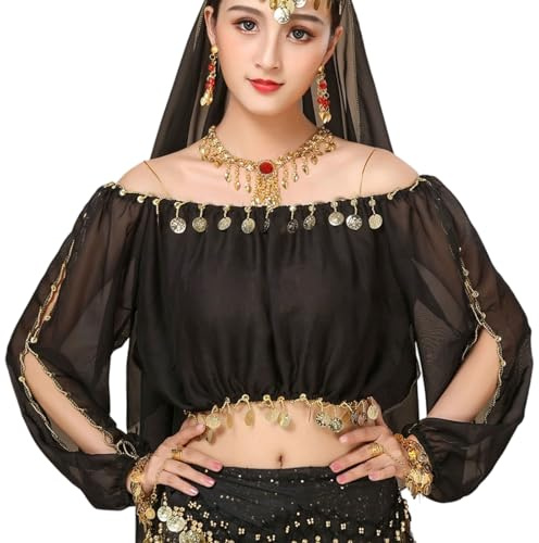 RETUOLWAG Costume da danza del ventre da donna, camicia da ballo professionale, top per danza del ventre, moneta, carnevale, ballerina, abiti da ballo, Nero , Taglia unica