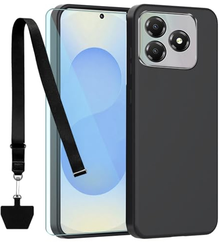 TIANDIMY Silicone Case and Lanyard + Screen Protector for Blackview Wave 8,Black Shockproof TPU Case,Bumper Phone Case,DustProof,Antiskid Anti-Scratch Phone Cover -H4