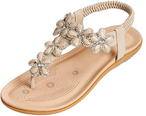 CARETOO Damen Sandalen Sommer Flip Flops PU Leder Böhmische Stil Flach Zehentrenner, Beige, 39 EU