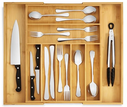 Purawood Rustic/Natural Bamboo Expandable Kitchen Drawer Organizer - 9 Slot Caddy with 9 Compartments (Natural)