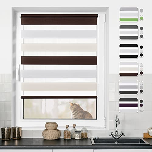 Doppelrollo Klemmfix ohne Bohren Rollos für Fenster ohne Bohren mit Bohren Weiß-Beige-Braun 75x120cm(BxH)-Stoffbreite 71cm Rollo Fensterrollo Klemmrollos Fensterrollo innen lichtdurchlässig