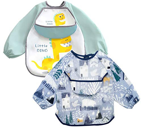 EQLEF Langarm Baby Lätzchen, wasserdichte Fütterungslätzchen Schürze Kinder Gemälde Waschbar für Kleinkinder 1 bis 3 Jahre alt (2er Pack)… (Grün)