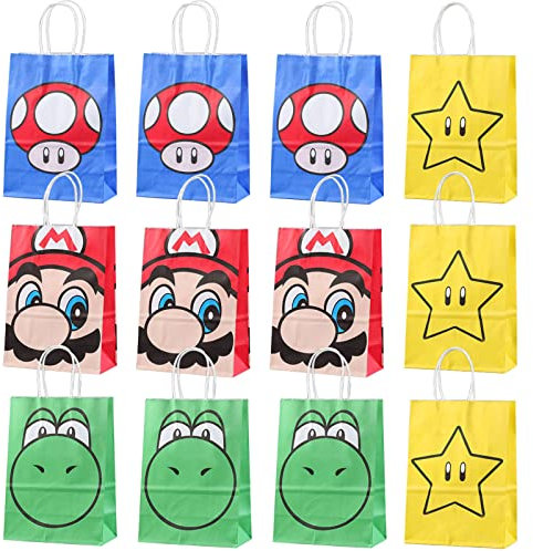 Puduoy Super Mario Kindergeburtstag Partytüten, 12 Party Geschenktüte Geburtstag, Taschen Mitgebsel, Wiederverwendbare Candy Tüten, Cartoon Papiertüten für Kinder Thema Geburtstagsfeier Dekoration