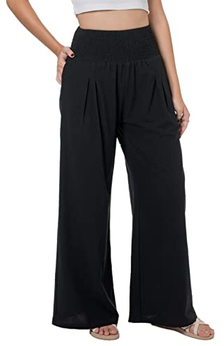 Lofbaz Mujer Pantalones de Pierna Ancha Palazzo de Algodón Lino Fluido Verano Cintura Alta Playa Boho de Salón con Bolsillos Negro M