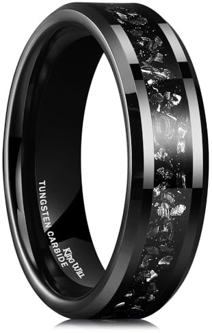 King Will 6mm Mens Meteorite Inlay Rings Tungsten Wedding Bands Engagement Anniversary Ring Comfort Fit, Black, Size 10