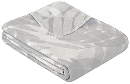 Ibena Kula Baumwoll Decke 140x200 cm - 100% Baumwolle, Made in Germany, Baumwolldecke Blätter grau wollweiß