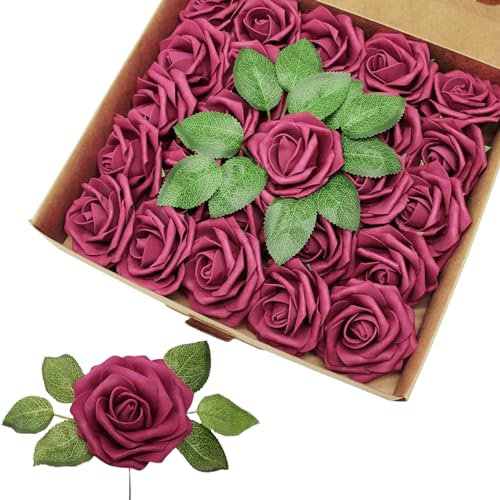 25Pcs Real Touch Burgundy Roses - Artificial Foam Flowers with Stems for Wedding Bouquets, Mother's Day, Valentine's Day, Christmas Decoration