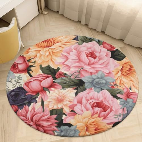 Runder Teppich für Wohnzimmer, waschbar, Boho-Teppich für Esszimmertisch, rutschfeste Bodenmatte, Blumenmuster, Teppich für Schlafzimmer, Büro, Badezimmer, 80 x 80 cm