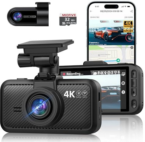 Miofive Dual Auto Kamera,Dashcam Auto mit 4K,2160 * 1440,Dash Cam Auto 5.8GHz WiFi mit 32GB SD Karte, Dual hinten Dashcam mit Nachtsicht, GPS, HDR, G-Sensor, Loop-Aufnahme, APP Steuerung, Max 512GB