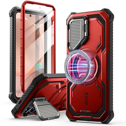 i-Blason Armorbox Cover per Samsung Galaxy S25+ / S25 Plus con Protezione della Fotocamera, Custodia Magnetica e Resistente con Pellicola Protettiva per lo Schermo e Cavalleto per S25 Plus (Rosso)