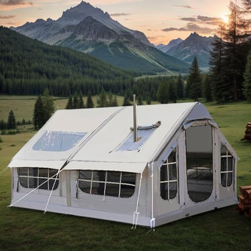 Tienda inflable de 6 a 8 personas, tienda de campaña de lujo con bomba, 4 estaciones, impermeable y cortavientos Oxford con ventanas y puertas de malla para grupos en pleno