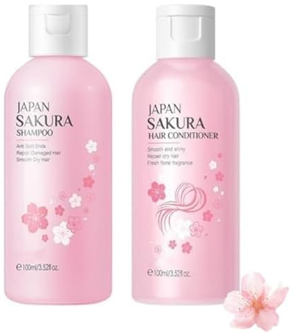 Japanese Cherry BLOSSOM (Shampoo + Conditioner Set) 100 ml, Reisegröße, natürliches Anti-Verlust, Volumenspendende, feuchtigkeitsspendende Haarpflege für weiches Glanz, Rosa