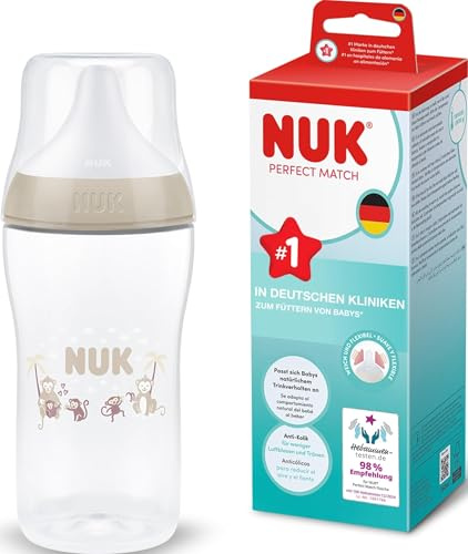 NUK Perfect Match Babyflaska | 0+ månader | 260 ml | Anti-kolikmatningsflaska | PP | Temperaturindikator | Apa | 1 styck