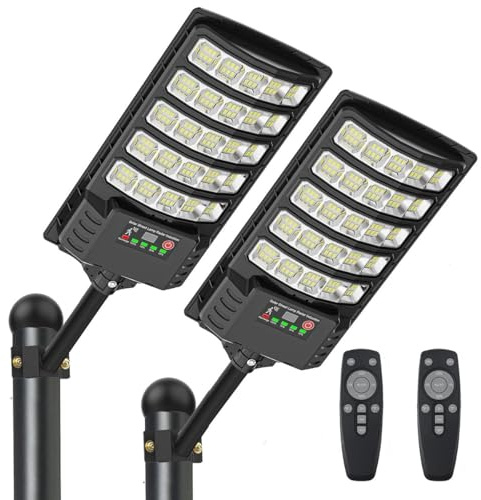 Solar Street Lights Outdoor Waterproof, 8500K LED Solar Powered Parking Light Dusk to Dawn with Motion Sensor Security Flood Lighting for Driveway, Backyard, Garage, Path, Countryside, Yard (2Pieces)