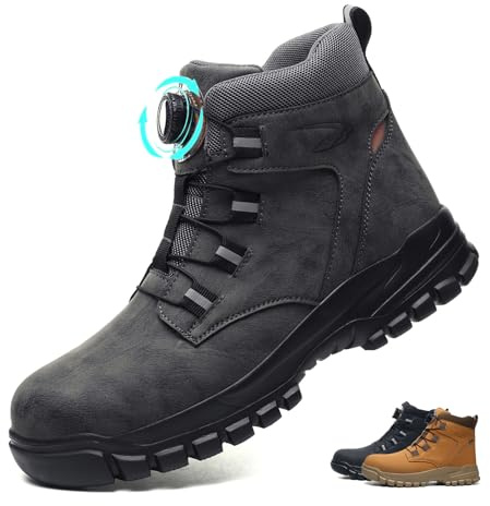AFJYG Chaussures de Sécurité Hommes Femmes Montante Imperméable Légère Bottines de Sécurité avec Embout en Acier Bottines de Travail Antidérapant，Gris, 43EU