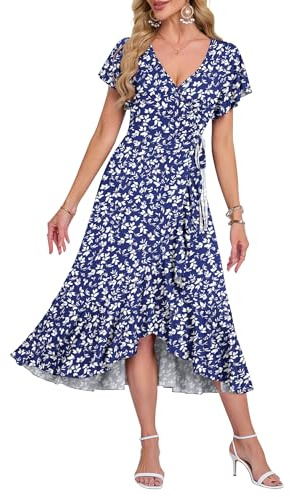 AUSELILY Vestido Midi Verano Mujer Playero Casual Cuello V Manga Corta Abertura Lateral Volantes Cóctel Invitada de Boda