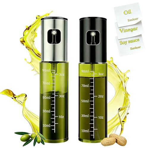 Eavkoar Cooking Oil Spray Bottle, Olive Oil and Avocado Oil Spray Bottle, 100ml Olive Oil Spray Bottle, Kitchen Tools, Air Fryer, Salad, Frying, Grilling (light-blocking glass)-Silver+Black
