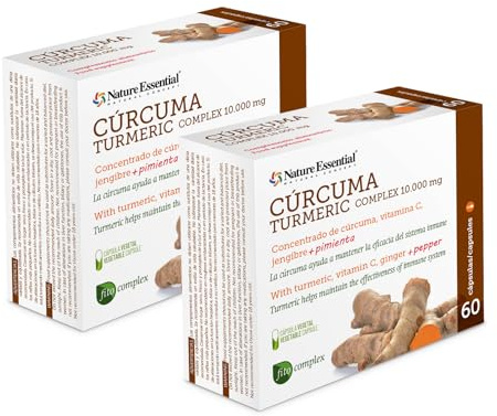 Nature Essential | Cúrcuma Complex 10.000 mg, | 60 Cápsulas Vegetales | 2 Unidades | Jengibre, Pimienta Negra y Vitamina C | Antiinflamatorio | Ayuda a Reforzar el Sistema Inmune | 95% Curcumina