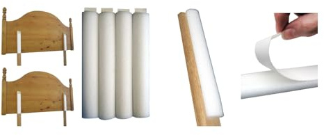 Noise reduction and Wall protection 4 slim adhesive impact cushion pads, to attach to the back of two headboards with excellent shock absorbent qualities quick peel tab, for fast and easy attachment.