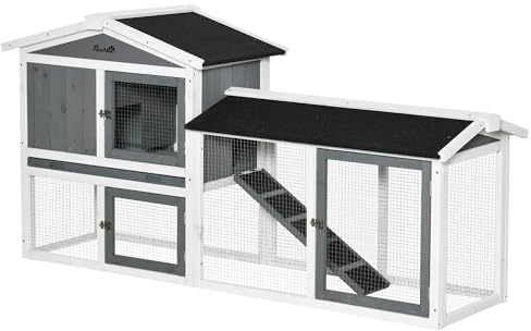 PawHut Two-Tier Wooden Rabbit Hutch w/Run Box, Slide-Out Tray, Ramp - White