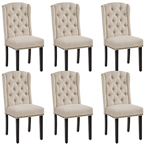 Yaheetech Classic Dining Room Chairs Set of 6 with Wooden Legs, Beige | Button Tufted Kitchen Chairs with High Back & Thick Seat Cushion, Upholstered Dining Room Chairs for Dining Room Home