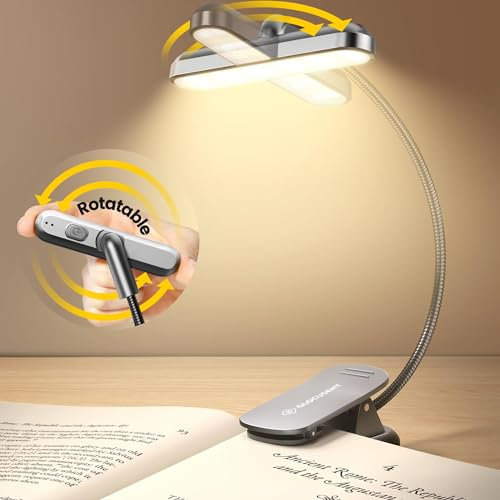 Glocusent Rotatable Reading Light for Books in Bed, 22LEDs Dual-Row Design with Timer, Stepless Dimming & Color Adjustment, 1000mAh Rechargeable Book Light for up to 100hrs