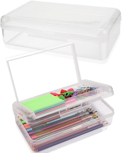1 PCS Pencil Box,Double Layer Large Capacity Pencil Box,Hard Pen Case with Snap-tight Lid, Plastic Pencils Case for Office School Supplies Pen Boxes,Storage Organizer for Gel Pens Erasers-Transparent
